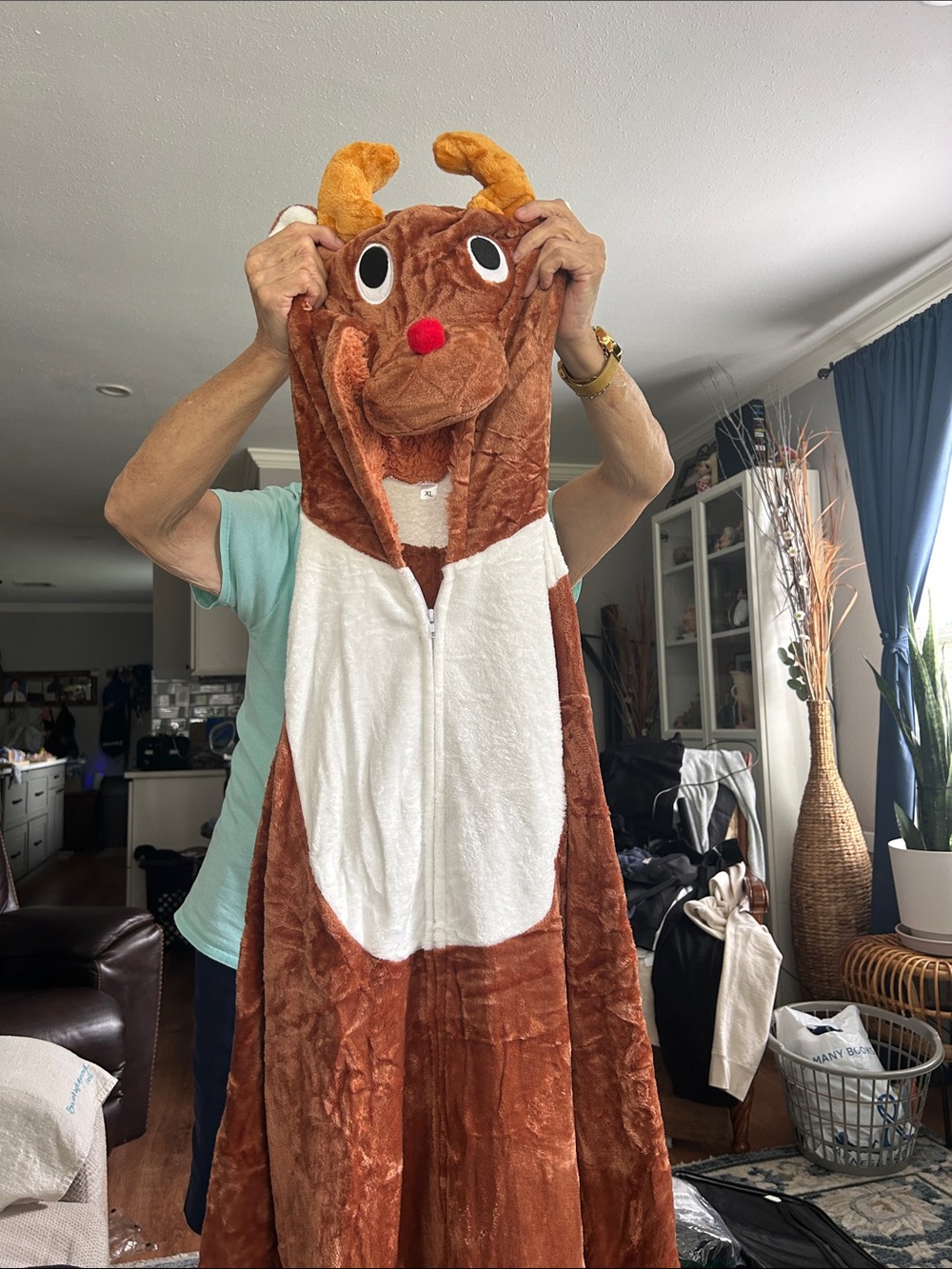 Plush Reindeer Costume / pajamas with Hood - Brown & White XL